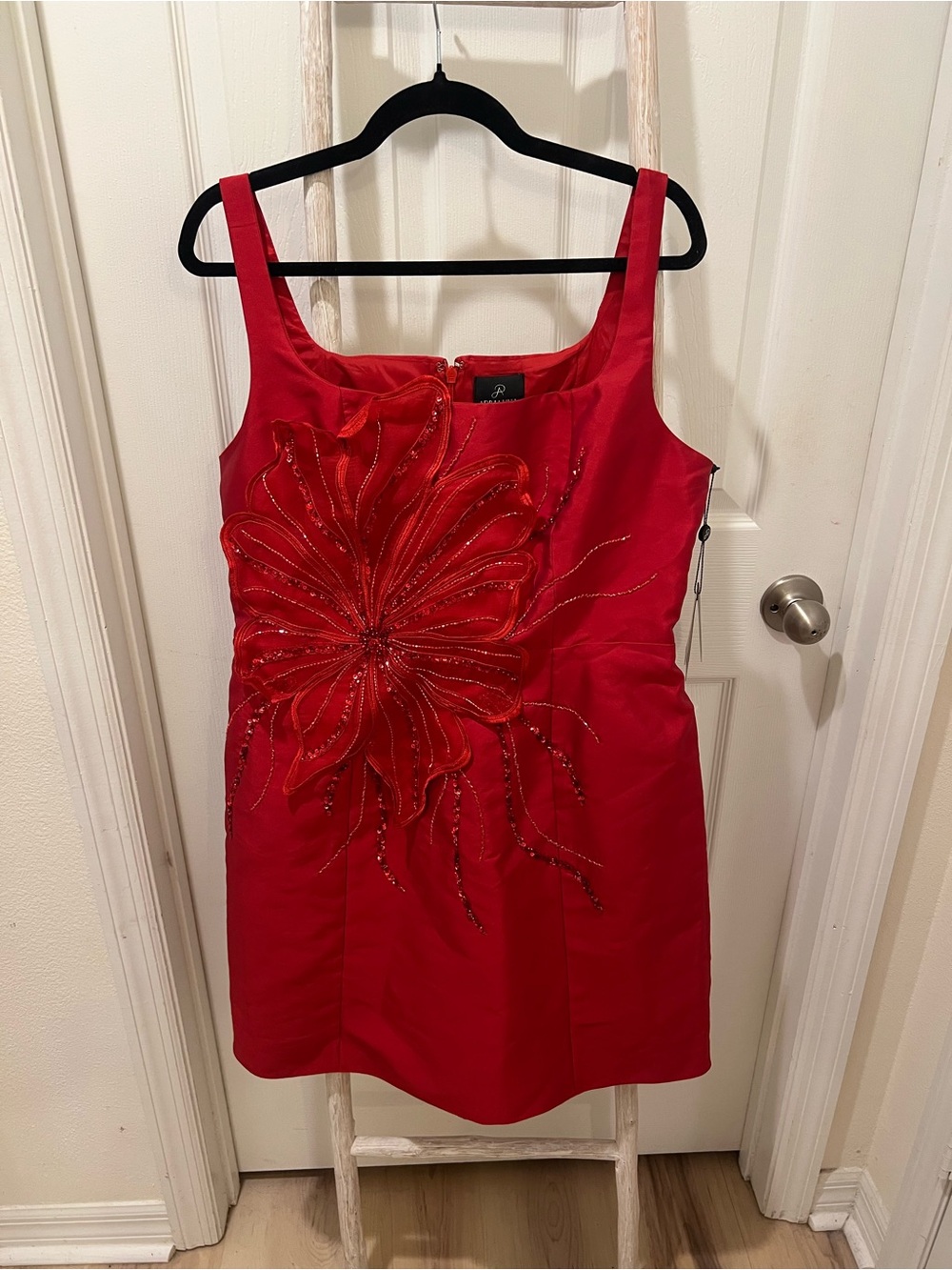 Adrianna Papell Red Embellished Floral Appliqué Tank Dress